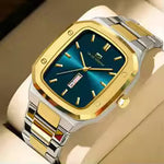 Load image into Gallery viewer, Men's Square Blue Gold Watch β Stainless Steel 3ATM Quartz Week Calendar Business Sport Wristwatch