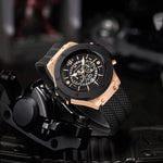 Load image into Gallery viewer, Men's 46mm Skeleton Sport Watch β Hollowed Out Rose Gold Black Military Quartz Wristwatch
