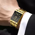 Load image into Gallery viewer, Men's Rectangular Black Gold Business Watch – Luxury Waterproof Calendar Quartz Wristwatch