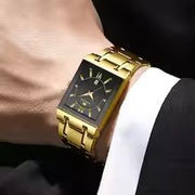 Men's Rectangular Black Gold Business Watch – Luxury Waterproof Calendar Quartz Wristwatch