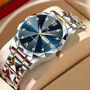 Men's Luxury Diamond Night Glow Watch – Blue Gold 41mm Double Calendar Quartz Wristwatch