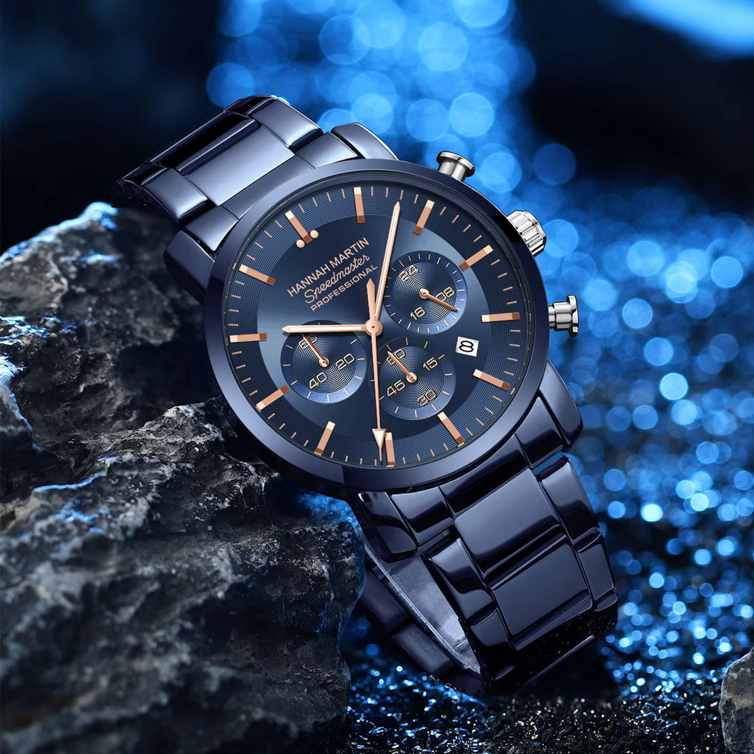 Hannah Martin Men's 46mm Multifunctional Watch – Blue Silver Stainless Steel Quartz Wristwatch