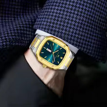 Men's Square Blue Gold Watch – Stainless Steel 3ATM Quartz Week Calendar Business Sport Wristwatch