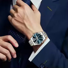 Men's Luxury Diamond Night Glow Watch – Blue Gold 41mm Double Calendar Quartz Wristwatch