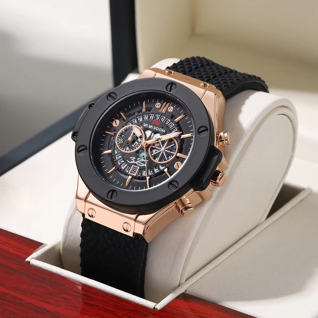 Men's 46mm Skeleton Sport Watch – Hollowed Out Rose Gold Black Military Quartz Wristwatch