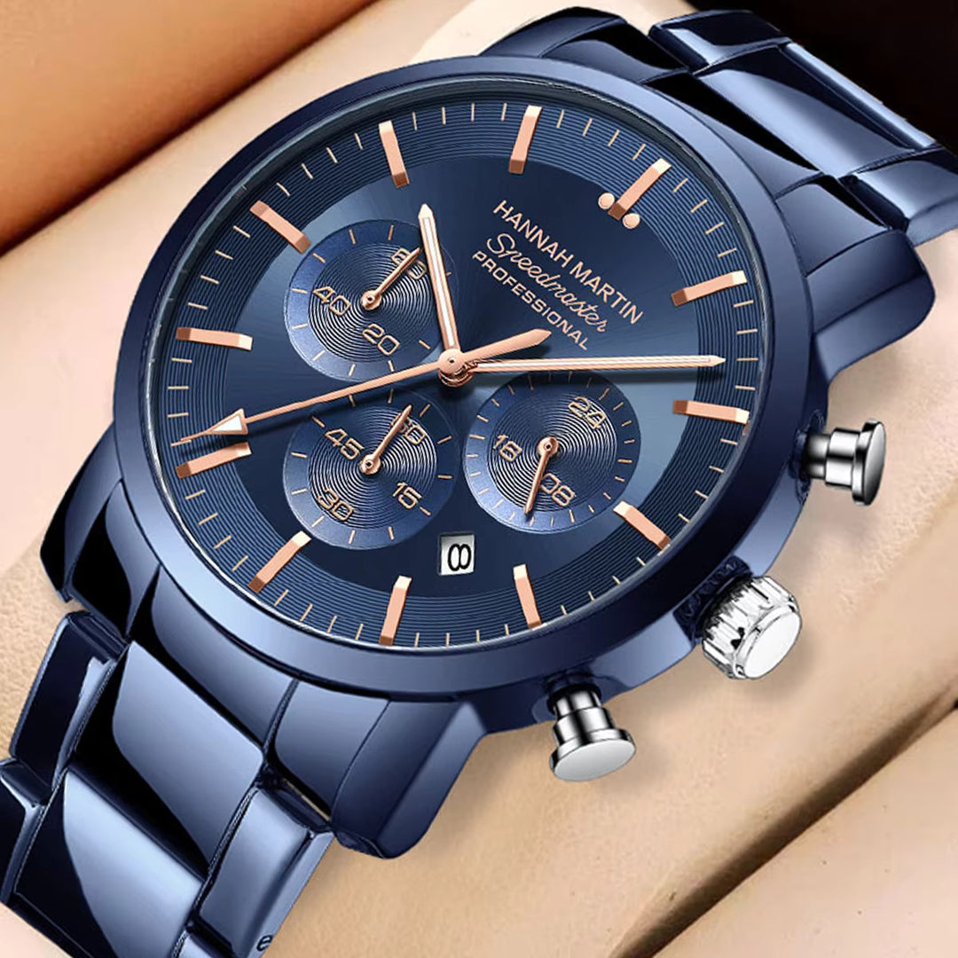 Hannah Martin Men's 46mm Multifunctional Watch – Blue Silver Stainless Steel Quartz Wristwatch