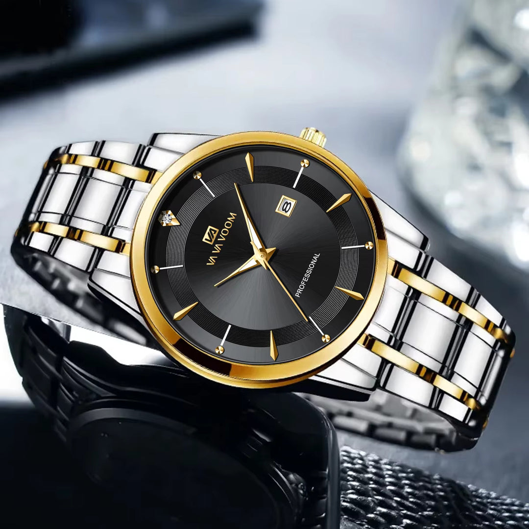 Men's Luxury Rhinestone Watch – 43mm Blue Gold Stainless Steel Quartz Business Wristwatch