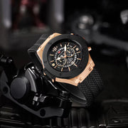 Men's 46mm Skeleton Sport Watch – Hollowed Out Rose Gold Black Military Quartz Wristwatch