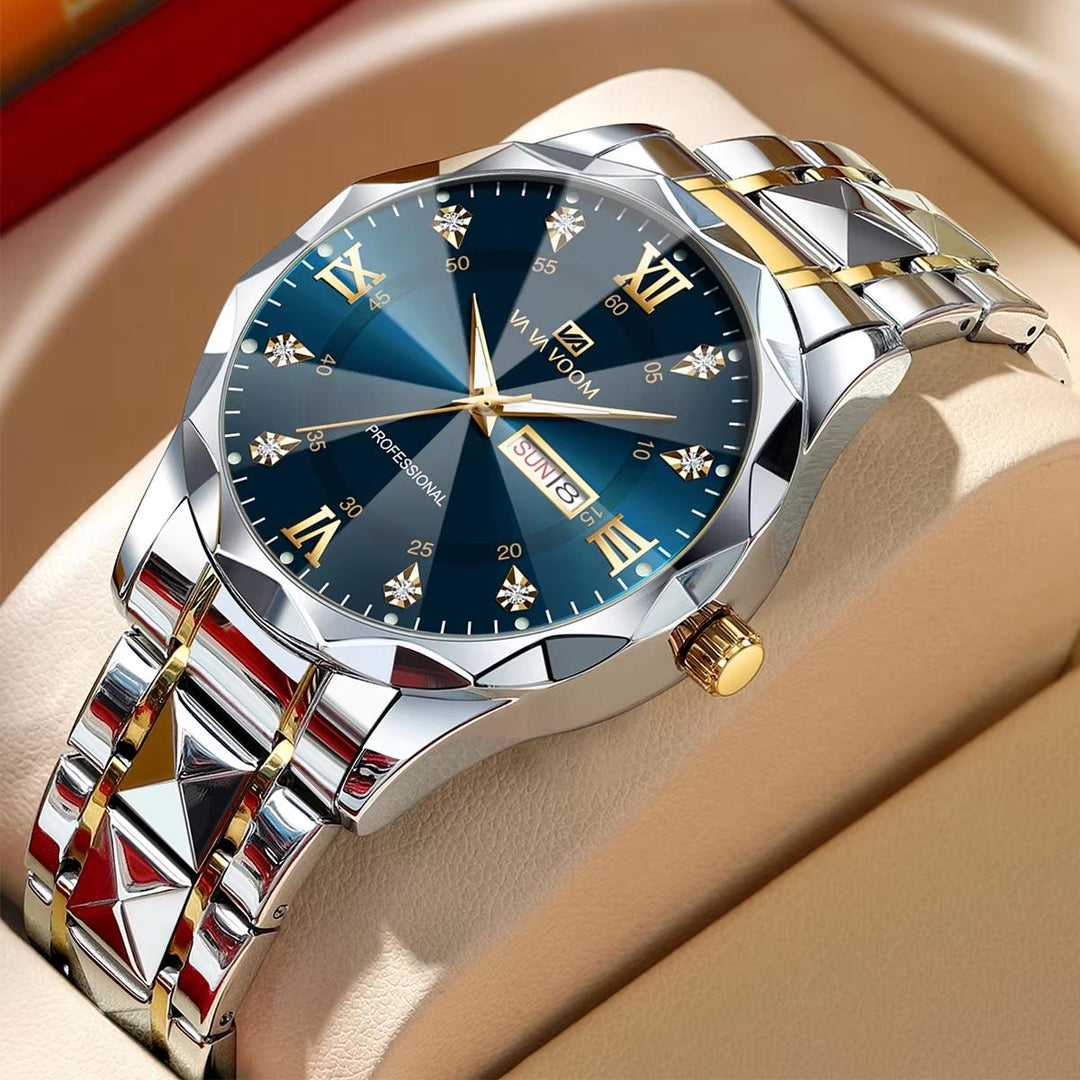 Men's Luxury Diamond Blue Gold Watch – Night Glow Double Calendar Quartz 41mm