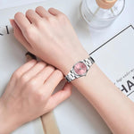 Load image into Gallery viewer, Women's Pink Rhinestone Watch – 29mm Minimalist Stainless Steel Ladies Fashion Wristwatch