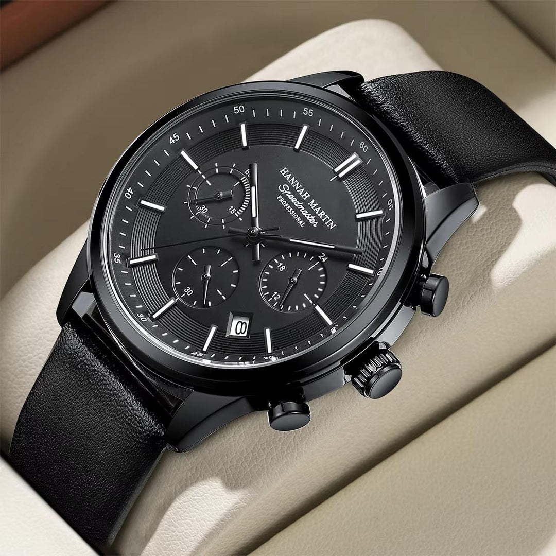 Hannah Martin Men's Chronograph Style Watch – Leather Strap Quartz Business Sport Watch